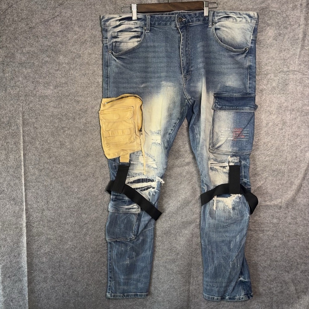 Smoke Rise Jeans Men 42x32 Blue Distressed Cargo Pockets Streetwear